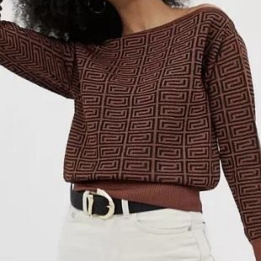 River Island New Heritage Brown with Purple Glitter detail off shoulder NWT 10